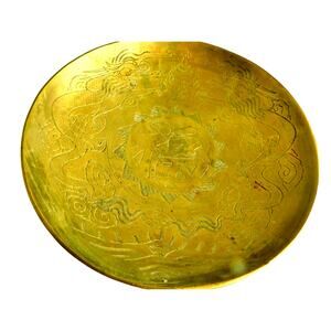 Vintage Chinese Brass Water Gong Decorative Bowl Serpents Dragons 12"